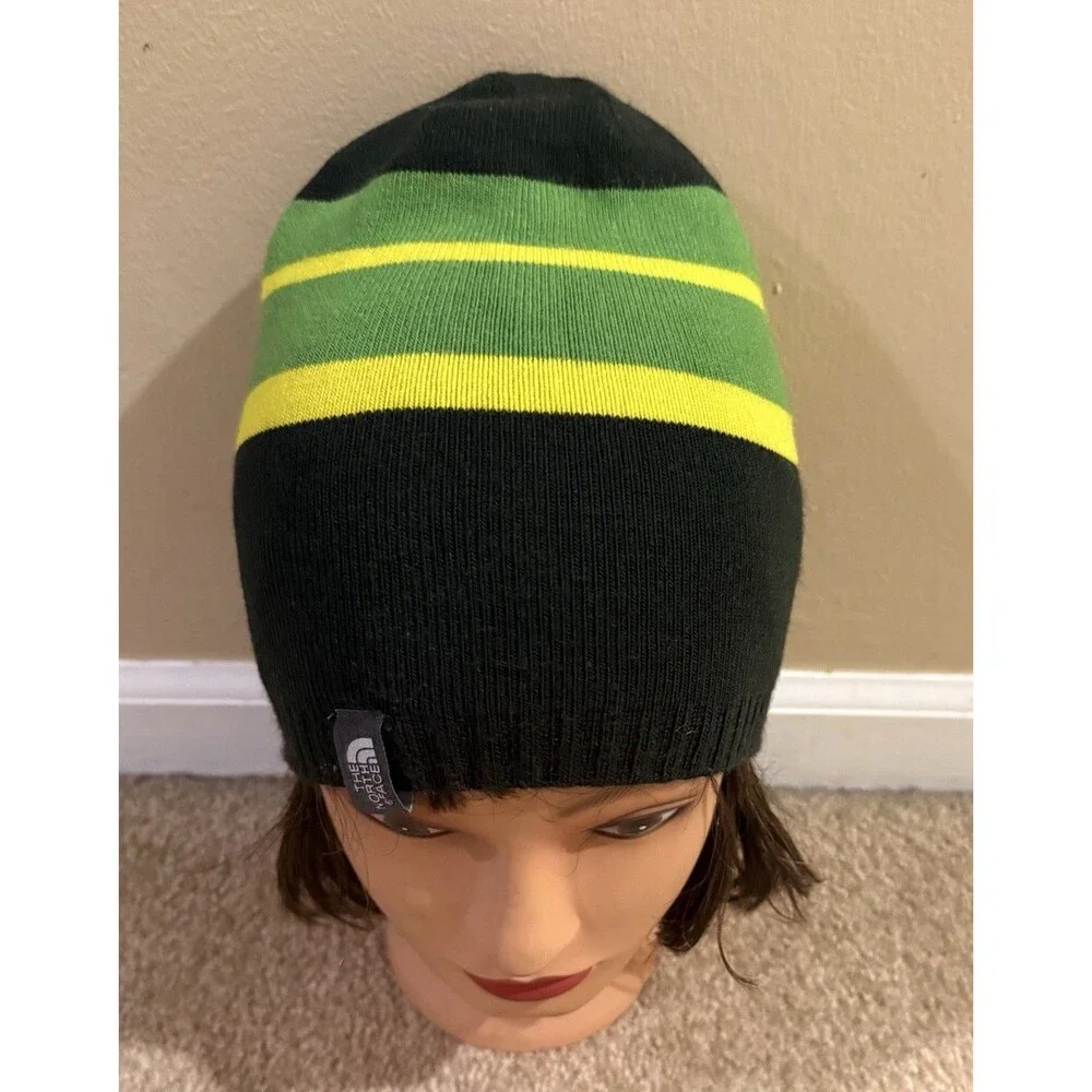 The North Face Youth Reversible Beanie Gorpcore Black Green Stripe Knit Hat Sz M
